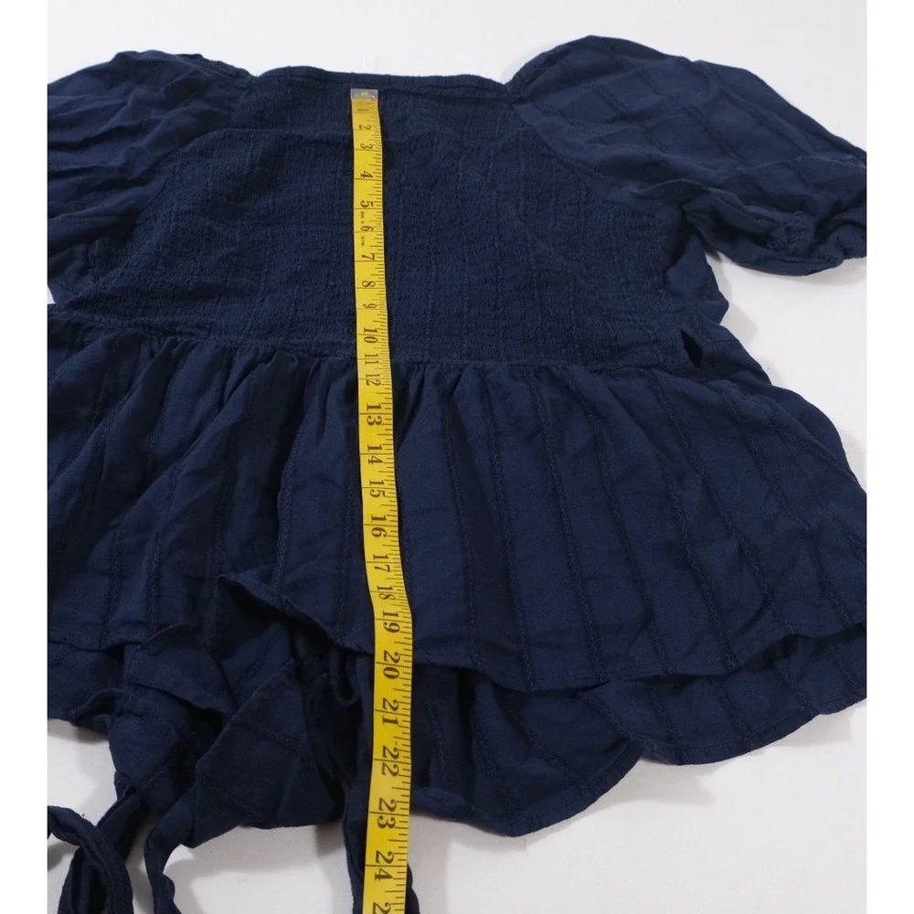Old Navy Blouse Womens Large Navy Blue Puff Sleeve‎ Wrap Peplum Smocked Top Tie